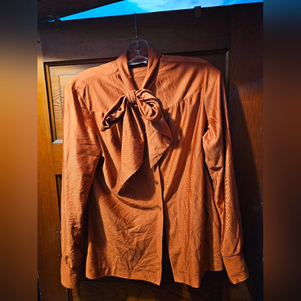 Vintage 70's Rust Orange Blouse with Bow Tie